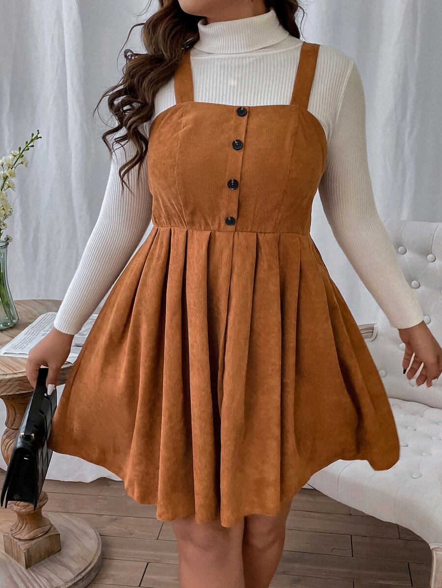 SHEIN LUNE Plus Button Front Corduroy Pinafore Dress Without Jumper - Ginger - View 1