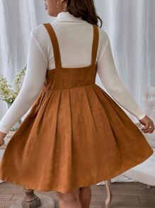 SHEIN LUNE Plus Button Front Corduroy Pinafore Dress Without Jumper - Ginger - View 2