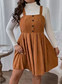SHEIN LUNE Plus Button Front Corduroy Pinafore Dress Without Jumper - Ginger - View 3