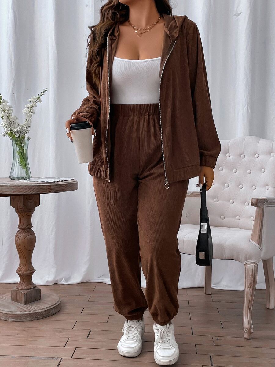 SHEIN LUNE Plus Zip Up Hooded Cord Jacket & Pants - Chocolate Brown - View 1