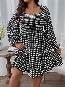 SHEIN LUNE Vestido con estampado de guingán de manga farol bajo con fruncido - Blanco y Negro - Ver 4