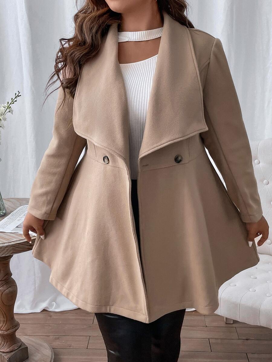 SHEIN Clasi Plus Waterfall Collar Overcoat - Khaki - View 1