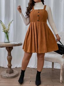 SHEIN LUNE Plus Button Front Corduroy Pinafore Dress Without Jumper - Ginger - View 4