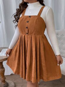 SHEIN LUNE Plus Button Front Corduroy Pinafore Dress Without Jumper - Ginger - View 5