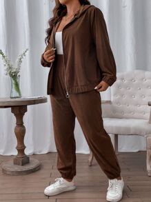 SHEIN LUNE Plus Zip Up Hooded Cord Jacket & Pants - Chocolate Brown - View 3