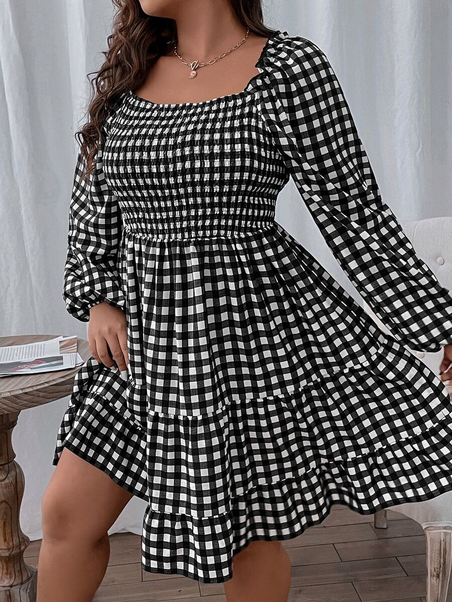 SHEIN LUNE Vestido con estampado de guingán de manga farol bajo con fruncido - Blanco y Negro - Ver 1