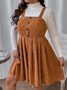 SHEIN LUNE Plus Button Front Corduroy Pinafore Dress Without Jumper - Ginger - View 6