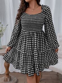 SHEIN LUNE Vestido con estampado de guingán de manga farol bajo con fruncido - Blanco y Negro - Ver 3