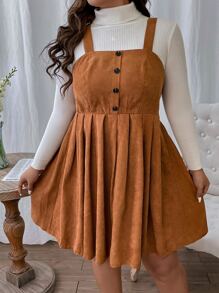 SHEIN LUNE Plus Button Front Corduroy Pinafore Dress Without Jumper - Ginger - View 7