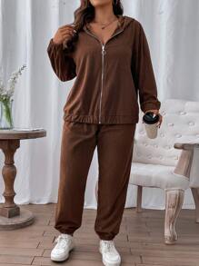 SHEIN LUNE Plus Zip Up Hooded Cord Jacket & Pants - Chocolate Brown - View 6