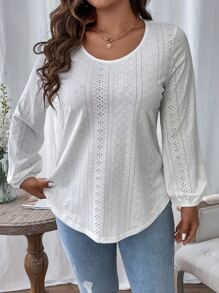 Calvaya Plus Eyelet Embroidery Lantern Sleeve Tee - White - View 1