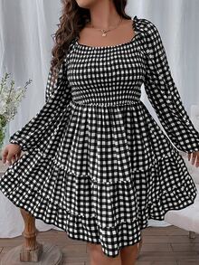 SHEIN LUNE Vestido con estampado de guingán de manga farol bajo con fruncido - Blanco y Negro - Ver 2