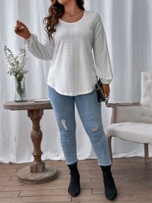 Calvaya Plus Eyelet Embroidery Lantern Sleeve Tee - White - View 5