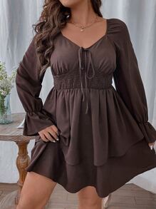 Celure Plus Flounce Sleeve Knot Front Dress - Chocolate Brown - View 1