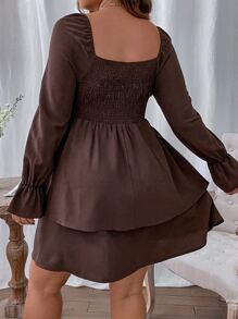 Celure Plus Flounce Sleeve Knot Front Dress - Chocolate Brown - View 2