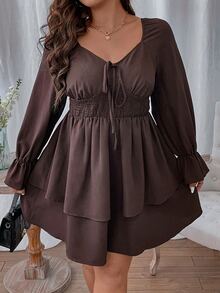 Celure Plus Flounce Sleeve Knot Front Dress - Chocolate Brown - View 3