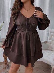 Celure Plus Flounce Sleeve Knot Front Dress - Chocolate Brown - View 4