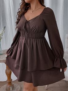 Celure Plus Flounce Sleeve Knot Front Dress - Chocolate Brown - View 5