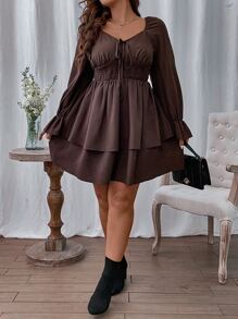 Celure Plus Flounce Sleeve Knot Front Dress - Chocolate Brown - View 6