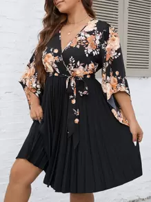 SHEIN Clasi Plus Floral Print Flounce Sleeve Pleated Hem Belted Dress - Black - View 3