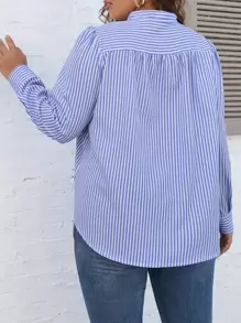 SHEIN Franclia Plus Striped Tie Neck Shirt - Blue and White - View 2