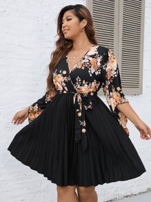 SHEIN Clasi Plus Floral Print Flounce Sleeve Pleated Hem Belted Dress - Black - View 1