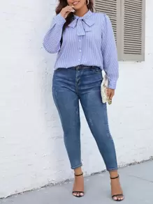 SHEIN Franclia Plus Striped Tie Neck Shirt - Blue and White - View 5