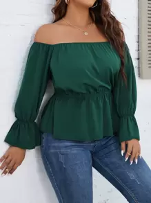 SHEIN LUNE Plus Off Shoulder Flounce Sleeve Peplum Blouse - Dark Green - View 1