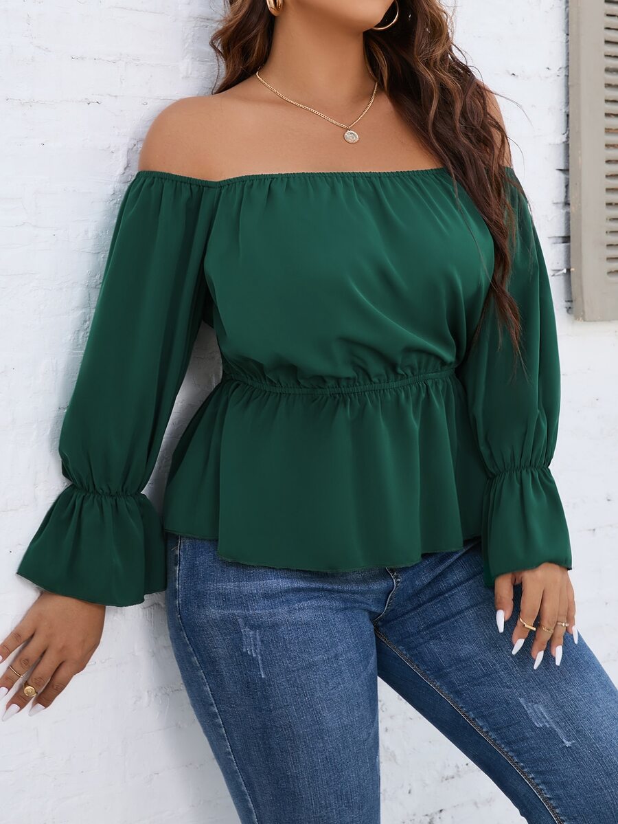 SHEIN LUNE Plus Off Shoulder Flounce Sleeve Peplum Blouse - Dark Green - View 1
