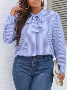 SHEIN Franclia Plus Striped Tie Neck Shirt - Blue and White - View 8