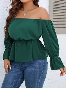 SHEIN LUNE Plus Off Shoulder Flounce Sleeve Peplum Blouse - Dark Green - View 4