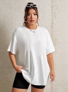 LittlestoMiddles Plus Size Slogan & Cartoon Face Print Drop Shoulder Tee - White - View 3