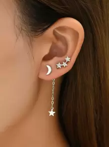 2pairs Star & Moon Decor Earrings Copper Jewelry - Silver - View 1