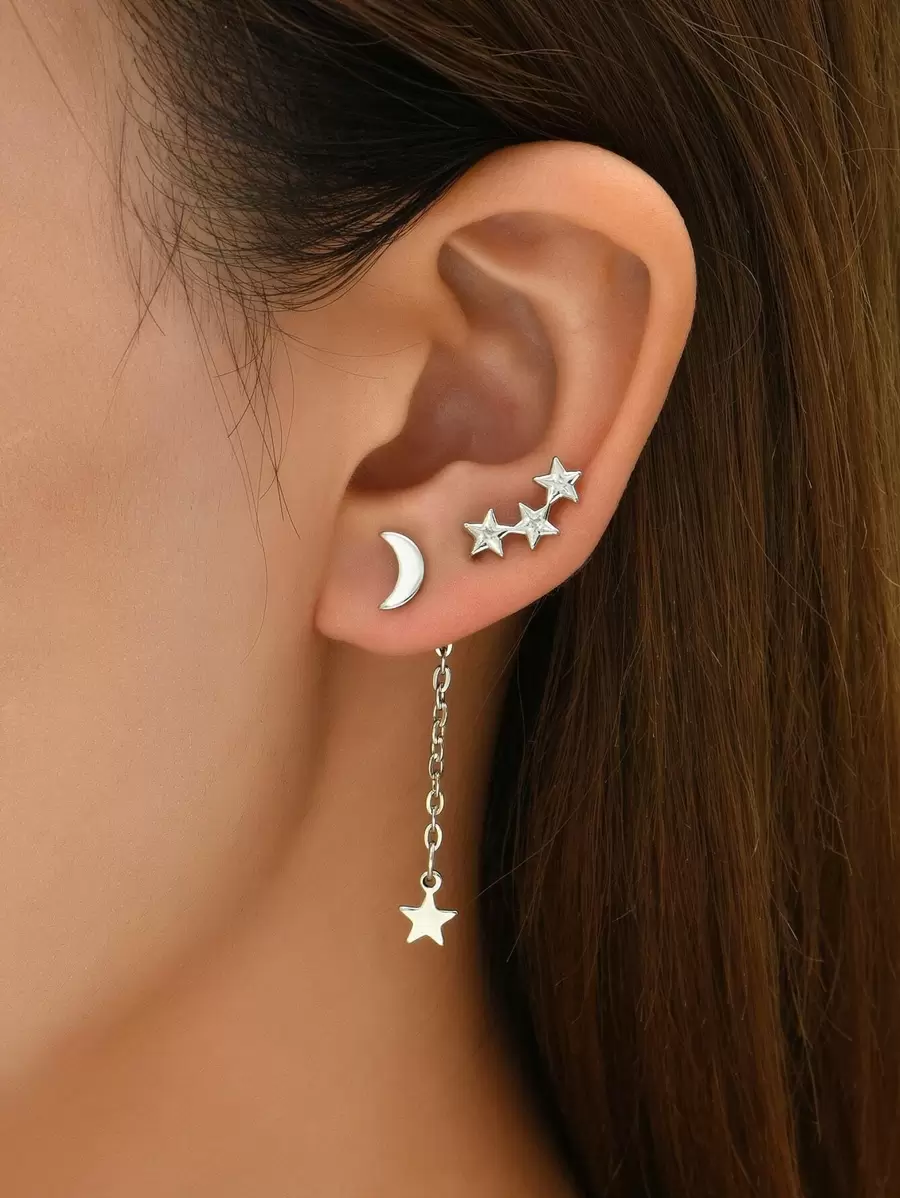 2pairs Star & Moon Decor Earrings Copper Jewelry - Silver - View 1