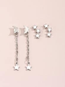 2pairs Star & Moon Decor Earrings Copper Jewelry - Silver - View 2