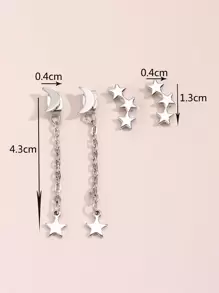 2pairs Star & Moon Decor Earrings Copper Jewelry - Silver - View 5