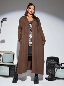 SHEIN ICON 大碼開門襟連帽外套 - 咖啡棕 - 查看 3