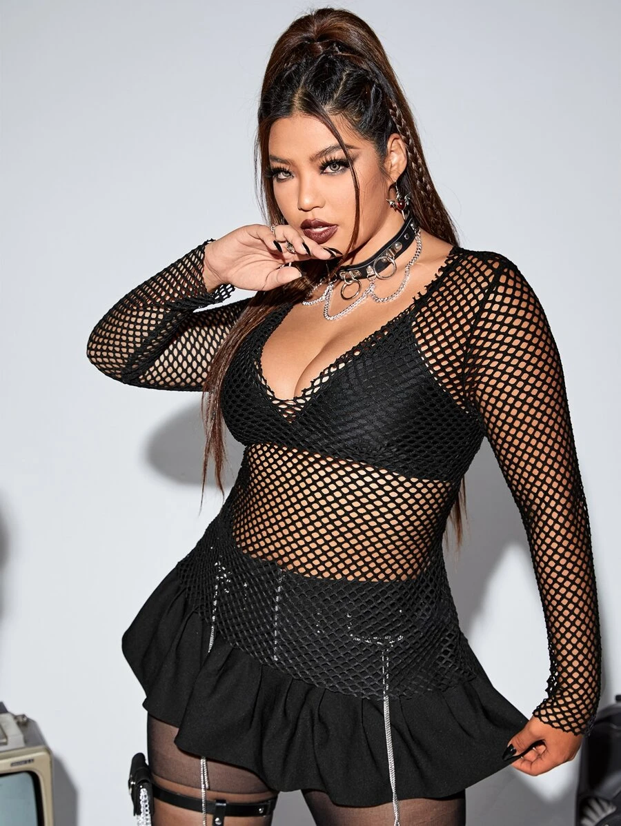 SHEIN Unity Plus Hollow Out Fishnet Top Without Bra - Black - View 1