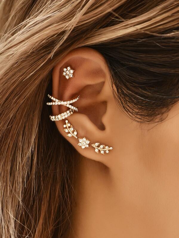 4pcs Rhinestone Decor Stud Earring & 2pcs Ear Cuff SHEIN USA