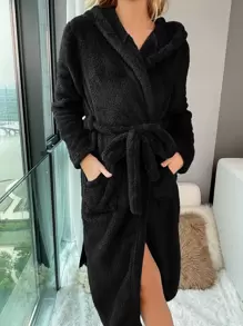 Snug Zone Bata de franela esponjosa con diseño bordado de pestañas 3D en la capucha, con cinturón, para otoño e invierno, cálida y acogedora - Negro - Ver 5