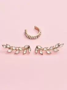 2pcs Rhinestone Leaf Design Stud Earring & 1pc Ear Cuff