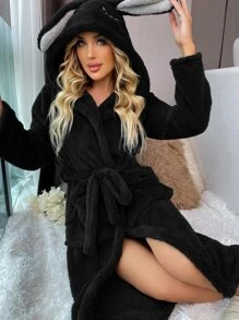 Snug Zone Bata de franela esponjosa con diseño bordado de pestañas 3D en la capucha, con cinturón, para otoño e invierno, cálida y acogedora - Negro - Ver 6