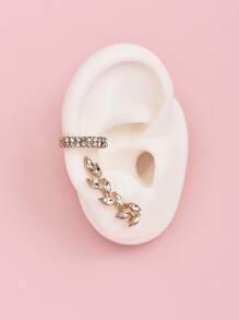 2pcs Rhinestone Leaf Design Stud Earring & 1pc Ear Cuff