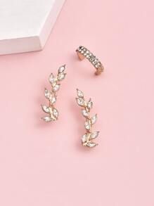 2pcs Rhinestone Leaf Design Stud Earring & 1pc Ear Cuff