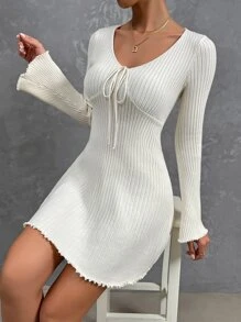 Chiquease Tie Front Flounce Sleeve Jumper Dress - Apricot - View 3