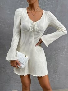 Chiquease Tie Front Flounce Sleeve Jumper Dress - Apricot - View 6