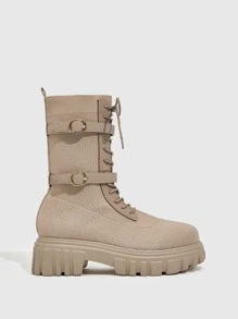 Knit Detail Buckle Decor Lace-up Front Sock Boots - Apricot - View 6