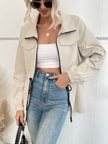 SHEIN Unity Flap Detail Drawstring Waist Coat - Apricot - View 4