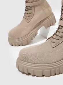 Knit Detail Buckle Decor Lace-up Front Sock Boots - Apricot - View 4