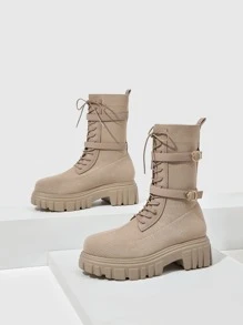 Knit Detail Buckle Decor Lace-up Front Sock Boots - Apricot - View 5